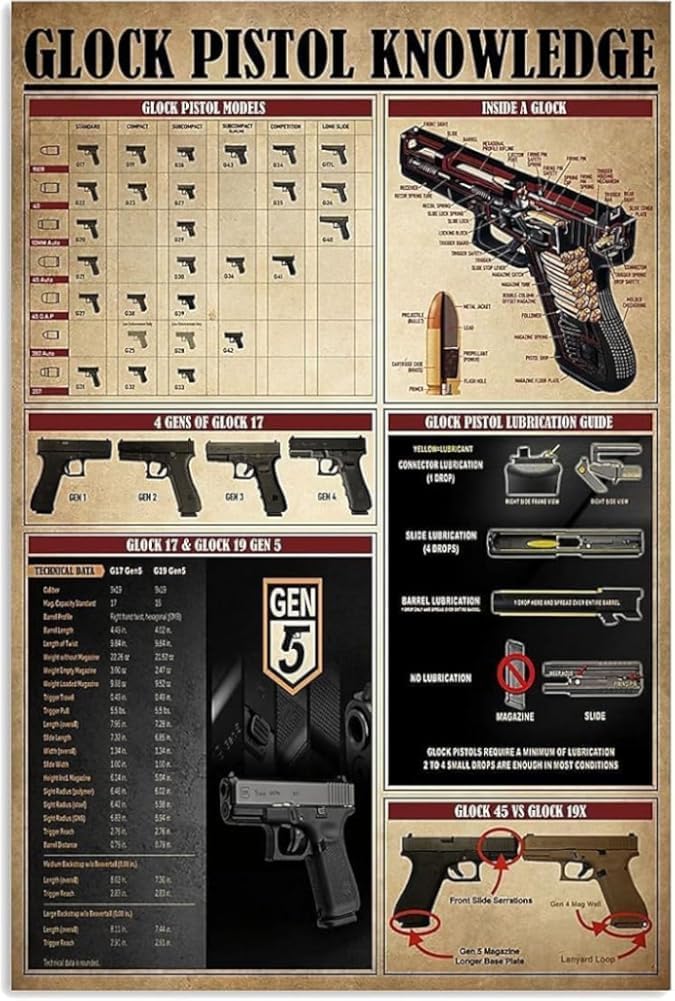 Glock Pistol Knowledge Posters Metal Tin Sign Wall Poster Decor Funny Retro Bar Coffee Club Pub Gift Wall Decor Sign 8x12 Inch