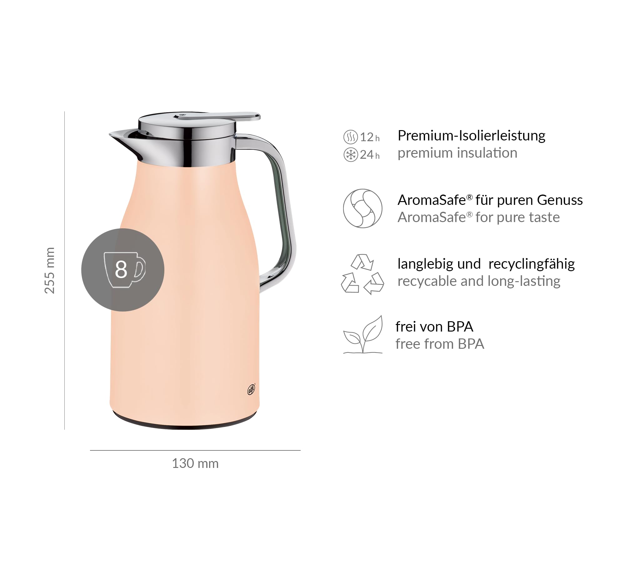 alfi Skyline 1,0 l, diep abrikoos, roestvrijstalen thermoskan, met hygiënisch inzetstuk van gehard glas, draaisluiting met comfortabele drukknop, ergonomische handgreep, ideaal als koffiepot, theepot