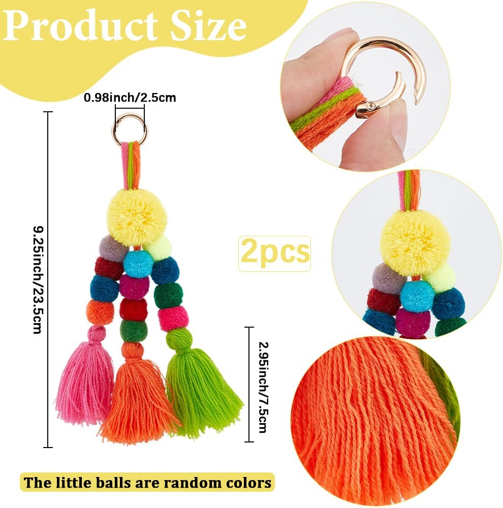 Beebeecraft 2Pcs Colorful Boho Tassel Key Chain Pom Pom Tassel Bag Charm for Key Ring Purse Handbag Decor