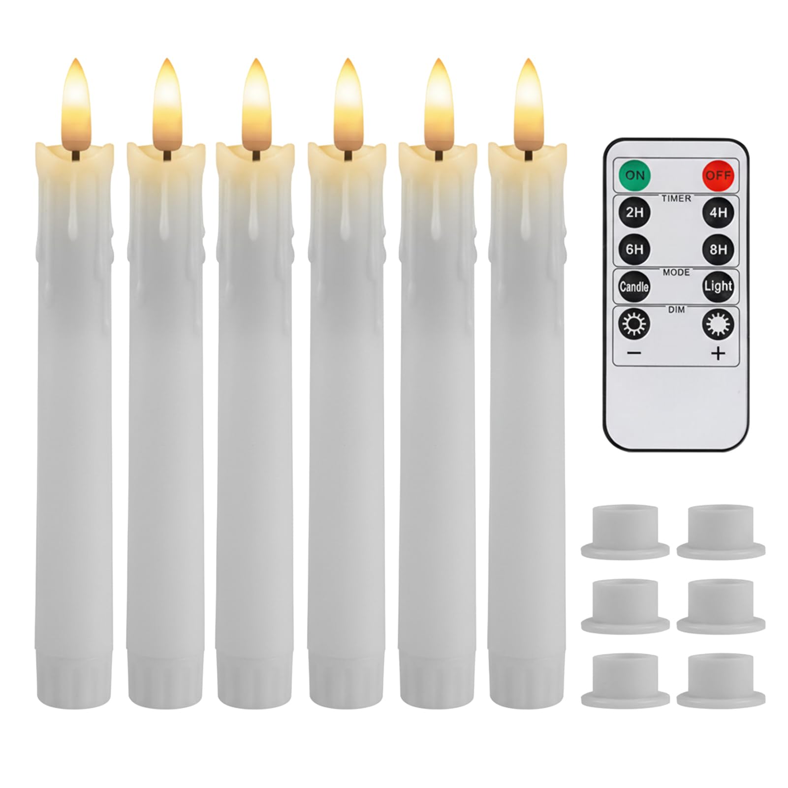 Teynewer LED Taper Candle Lights with 10-Key Remote, Battery Operated Drip Wax Flameless Flickering Taper Candles Pack of 6, Warm White for Christmas Home Wedding Decor (0.78 X 6.69 Inch)