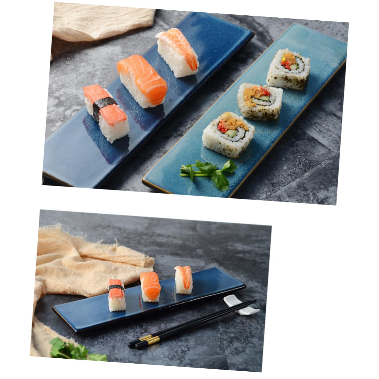 TOPBATHY Assiette à Sushis Bleu Rectangulaire Style Japonerie en Céramique | Format Créatif, Usage Hôtels et Restaurants, Plat de Présentation pour Sashimi et Service de Table