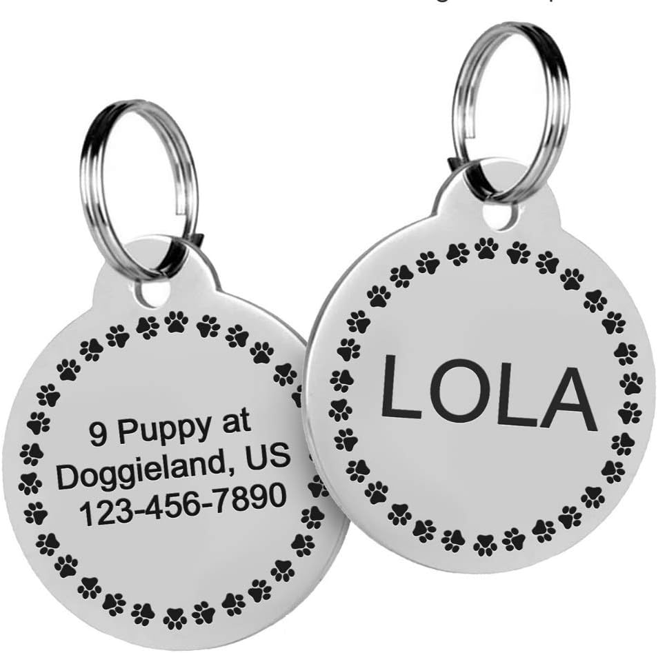 Cute Pet Tag ID with Bones, paw Prints & More, Custom Dog & Cat Name Tags, Round Engraved Pet ID Tags for Microchipped, Blind, Deaf and…