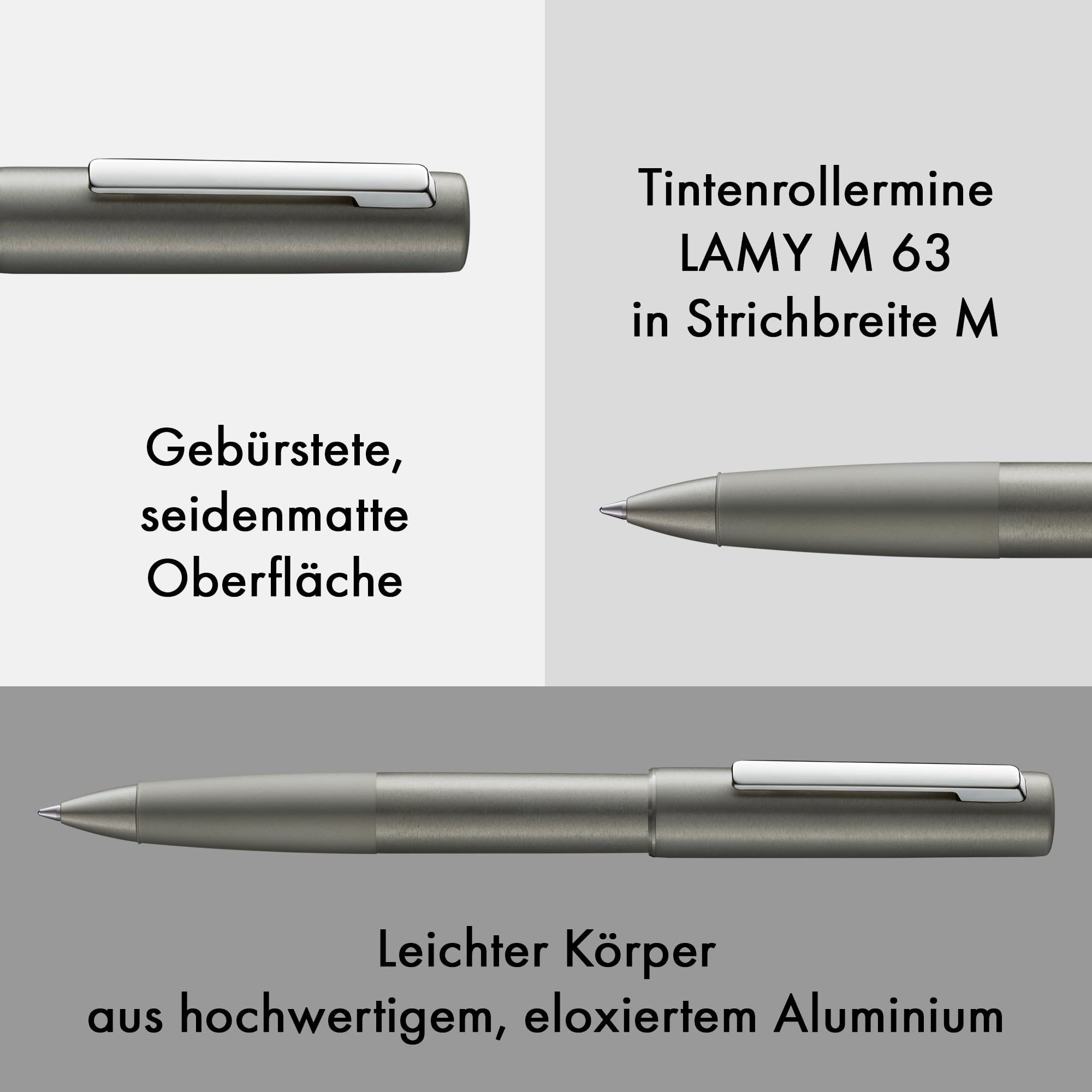 Lamy aion graphite Tintenroller – moderner Tintenroller im eloxierten, leichten & nahtlosen Aluminium-Gehäuse – mit Edelstahl-Clip – Strichbreite M – inkl. Tintenrollermine M 63 schwarz