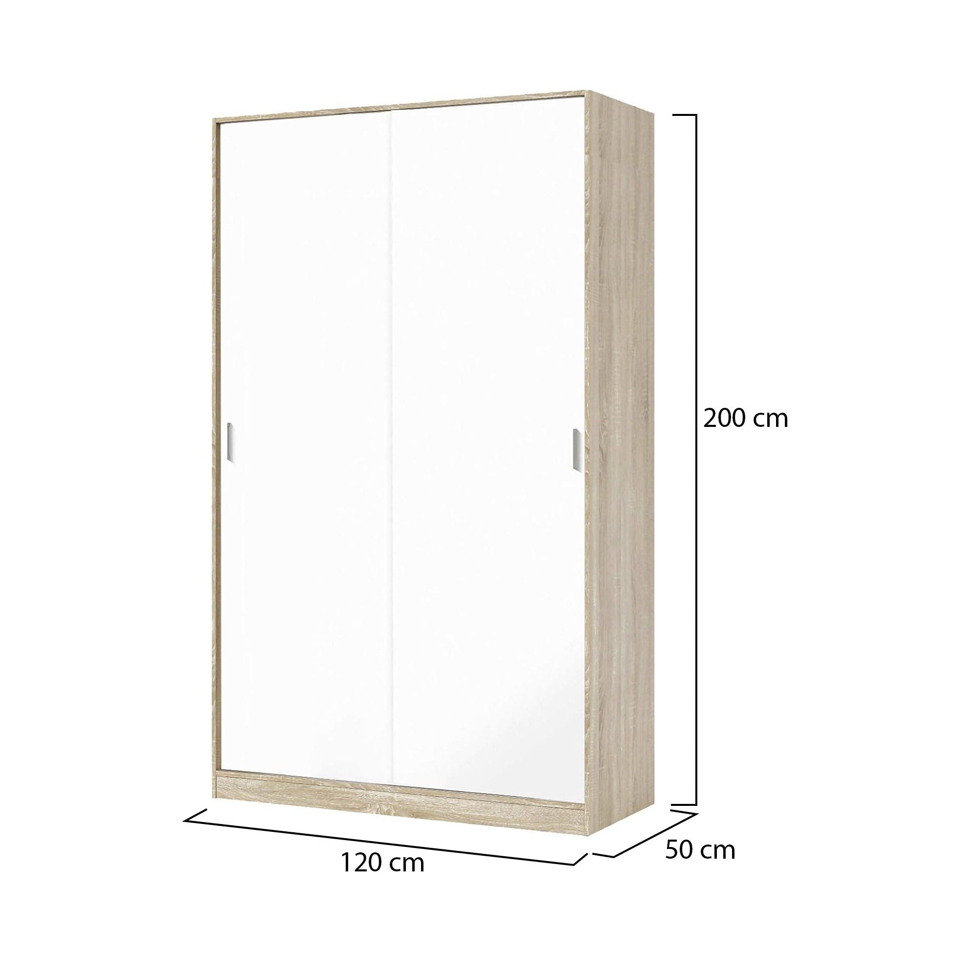 Dmora - Guardaroba 2 ante Waterbury, Armadio per camera da letto, Mobile con 4 ripiani e barra appendiabiti, 120x50h200 cm, Rovere e Bianco