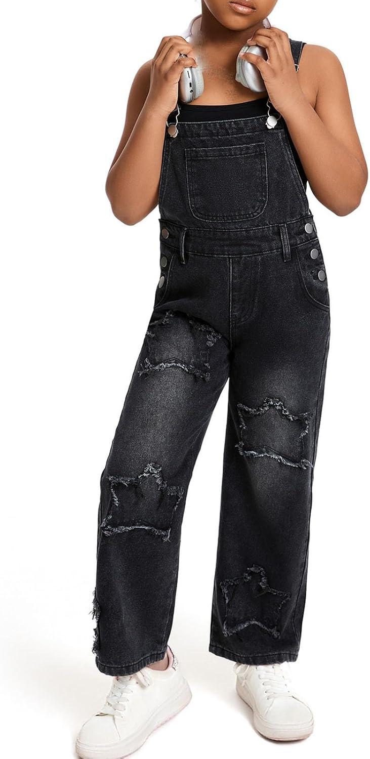 Xiaojmake Girls Denim Bib Overalls Star Patchwork Barrel Leg Adjustable Strap Stretchy Jean Pant Jumpsuits with Pockets 6-13Y