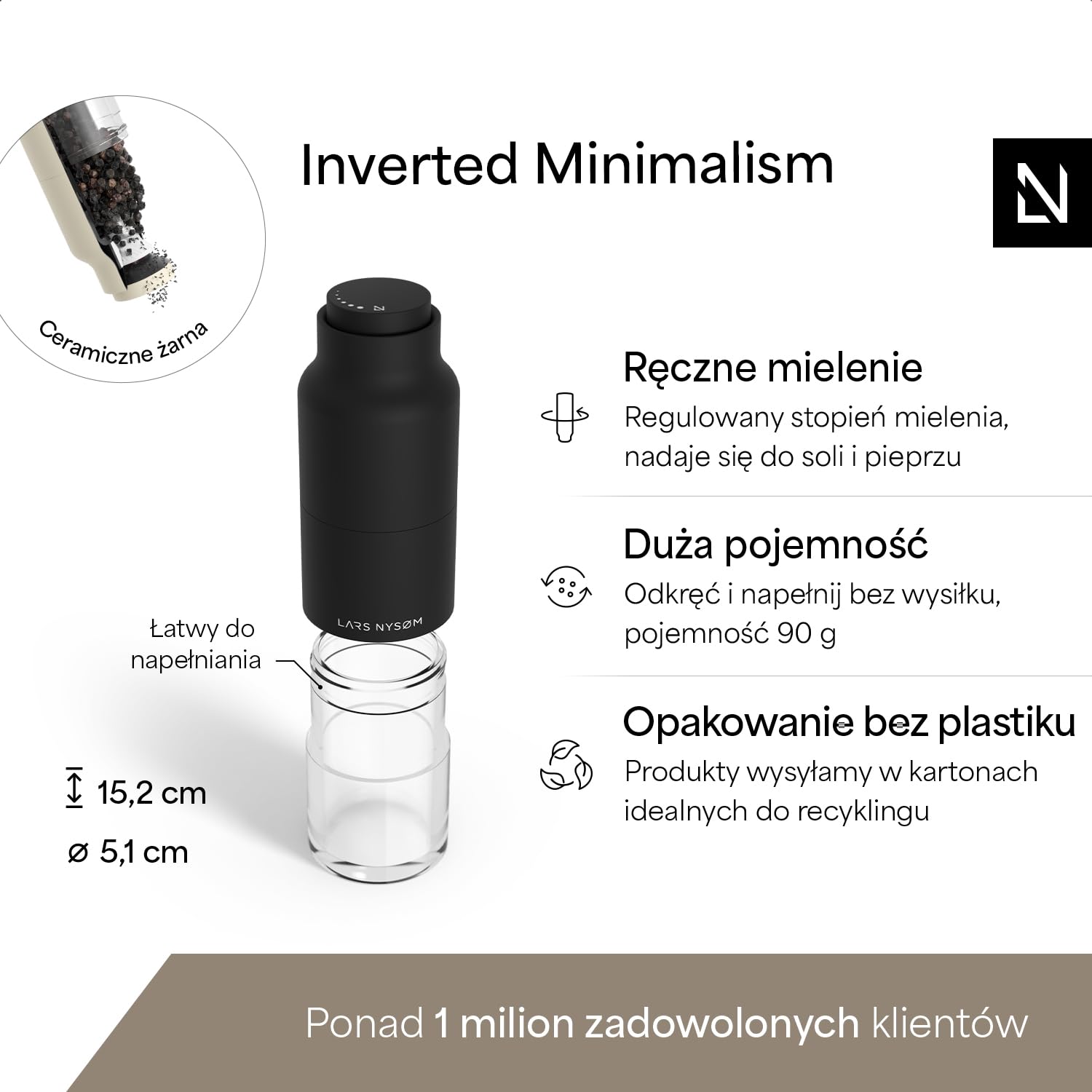 LARS NYSØM Zestaw młynków do soli i pieprzu ze stali nierdzewnej z regulowanym mechanizmem mielącym I Zestaw młynków w butelce (Black/Beige)