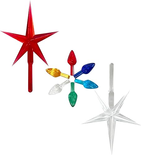 National Artcraft Luces de cerámica para árbol de Navidad de estilo giratorio mediano, colores surtidos + 2 estrellas grandes en rojo y transparente