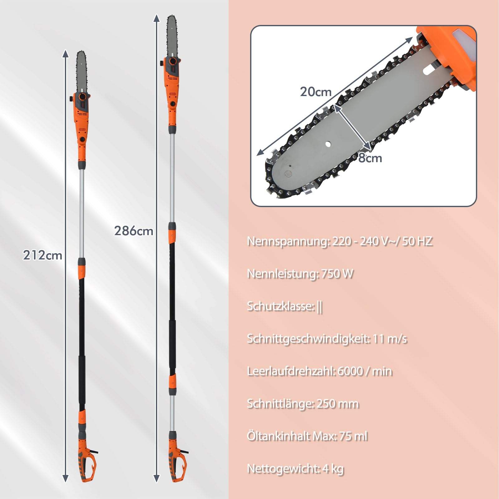 SOARS Hochentaster elektrisch 750W, Teleskop Astsäge mit 20 cm Schwertlänge, 60° Neigung Motorkopf, Kettensäge bis ca 4 m Arbeitshöhe, 11m/s Schnittgeschwindigkeit