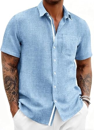 Runcati Camisa masculina de linho com botões casual manga curta verão praia casamento tops com bolso
