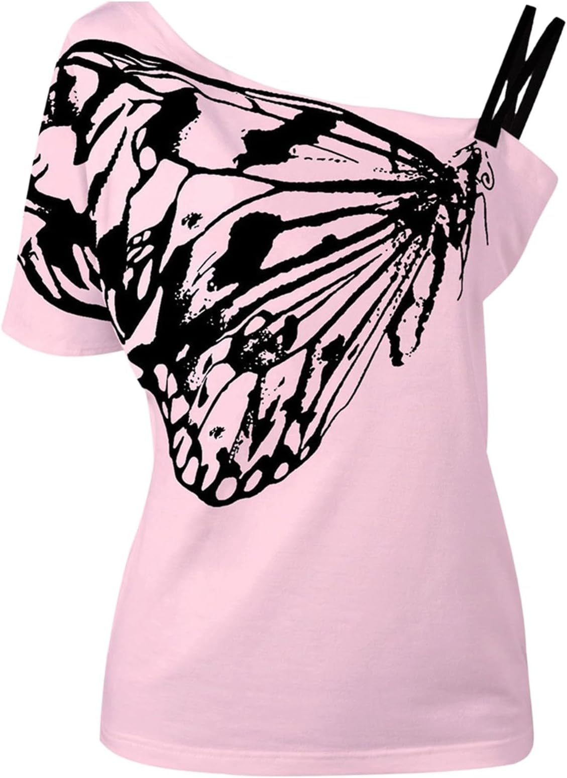 Tee Y2k Women's Grunge Top Emo Vintage Short Sleeve T-Shirt Gothic Asymmetric T-Shirts Clubwear Crop Tops Off Shoulder T-Shirt with Butterfly Print Punk Summer Blouse