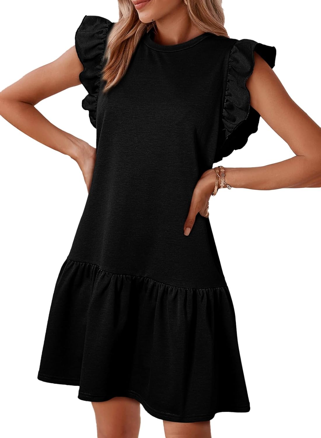 Acelitt Womens Casual Summer Crewneck Babydoll Flowy Tiered Mini Dress, S-XXL - Image 4