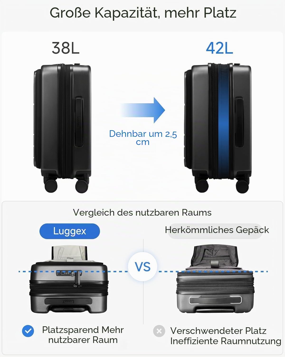 LUGGEX Koffer Trolleys mit Laptopfach, Erweiterbarer Koffer Klein Stabil Hartschalenkoffer Reisekoffer aus Polycarbonat mit 4 Rollen, TSA Schloss (Schwarz, 55,9 × 38 × 24 cm, 38-42L)