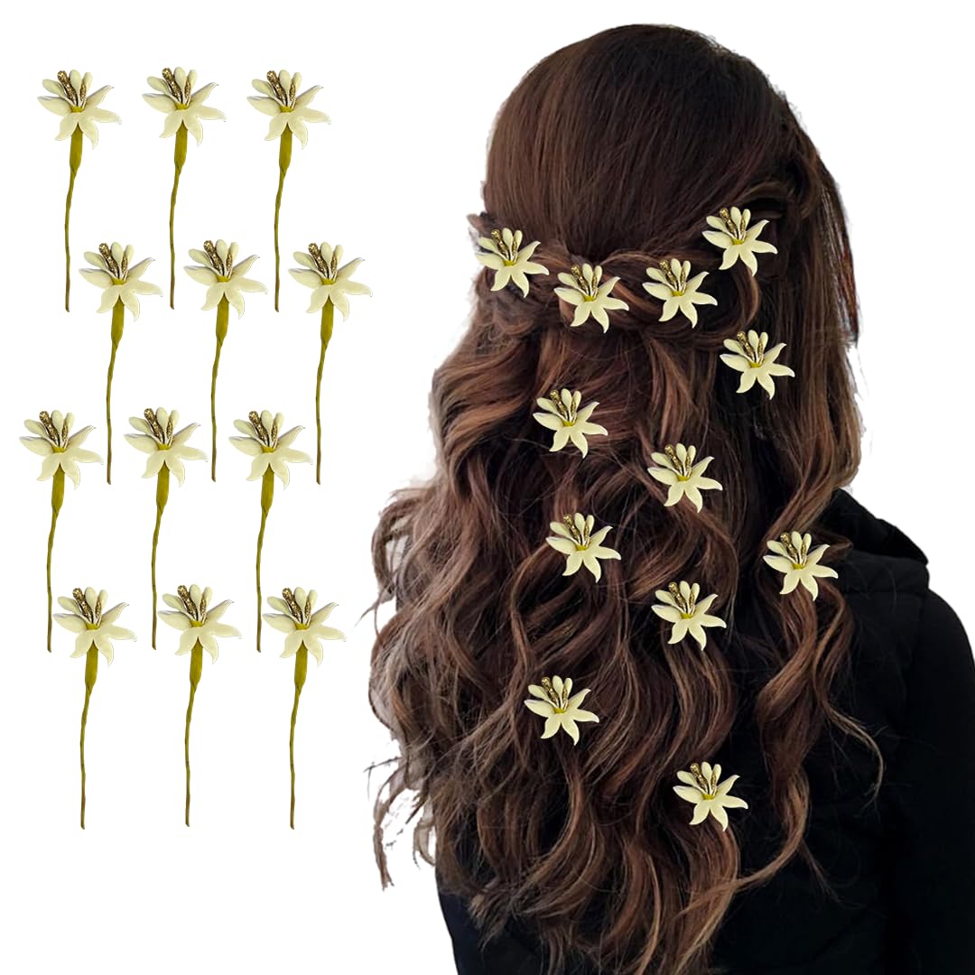 Hair Flare Artificial Lily Flower with Abundance of Petals Hair Pin/Juda Bun Pin/Bridal Hair Accessories for Women & Girls - 2694, Set of 12