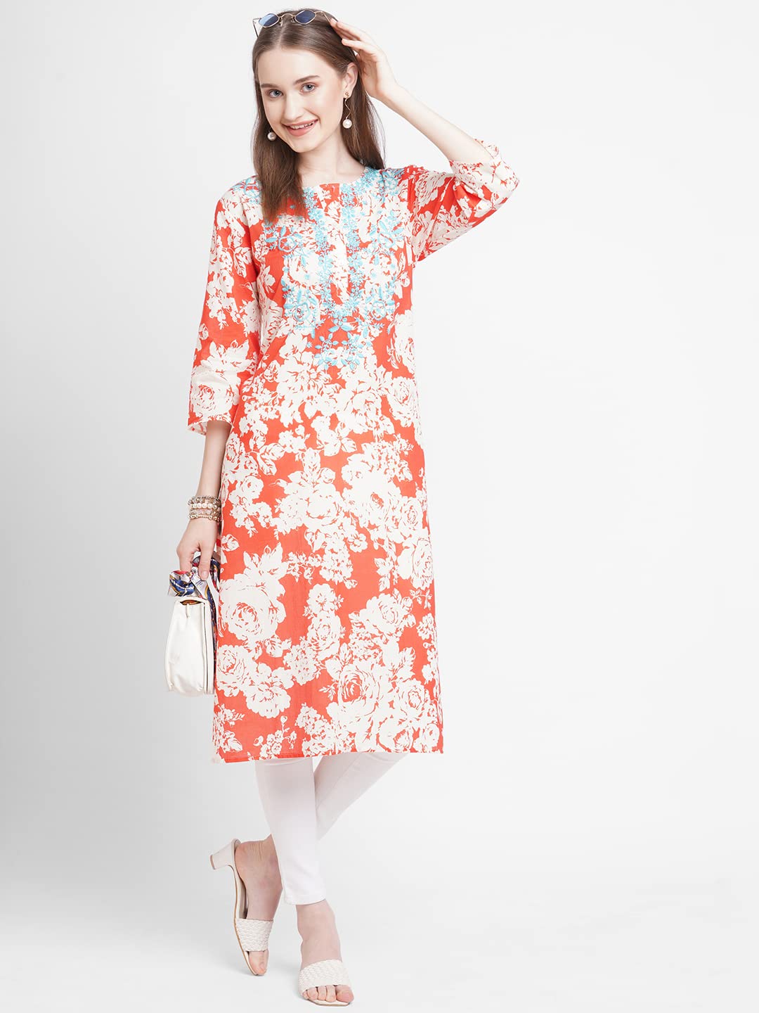 New Year Sale Cloth Haus India Women'S Embroidered Floral | 100% Pure Cotton | Long Kurta | 3/4 Sleeves | Round Neck