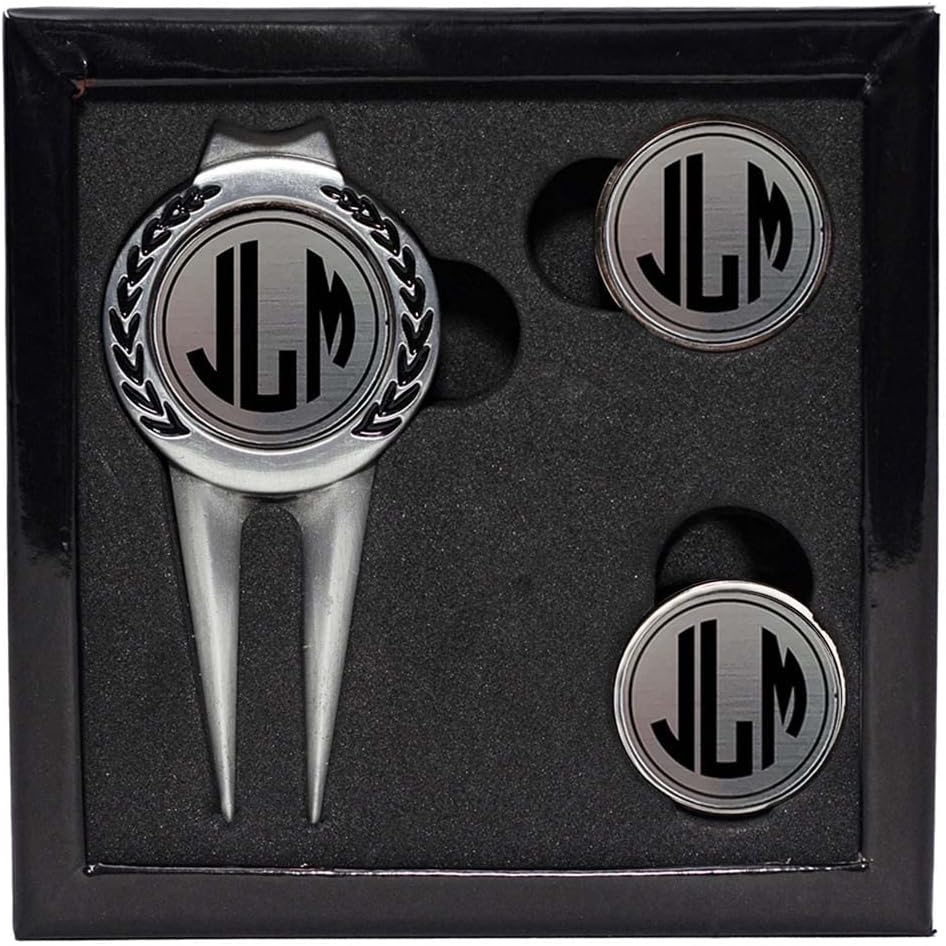 Personalized Divot Tool & Hat Clip Golf Ball Marker Set | 3 Finishes - Brass, Pewter and White | 9 Engraving Styles | Monogram, Initials or Custom Text