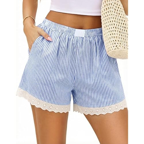 Marvmys Womens Boxer Shorts Cotton Pajama Bottoms Summer Gingham Ruffle/Lace Shorts Casual Y2K Beach Shorts S-2XL Small Lace - Blue Stripe