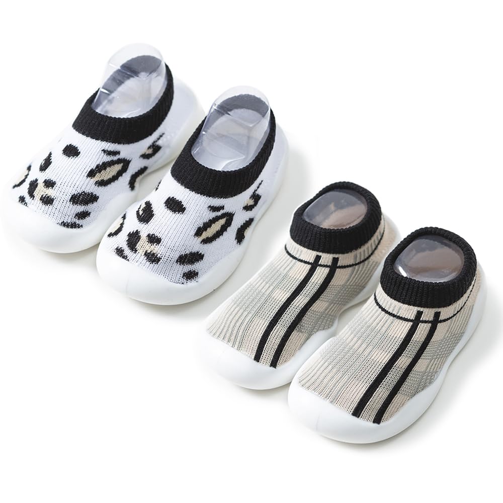 HOVELL 2 Pairs Baby First Walking Shoes Non-Slip Toddler Sock Shoes Girls Boys Slip On Sneakers Infant Rubber Soft Sole Slippers Lightweight(Khaki Leopard Line,18-24M)
