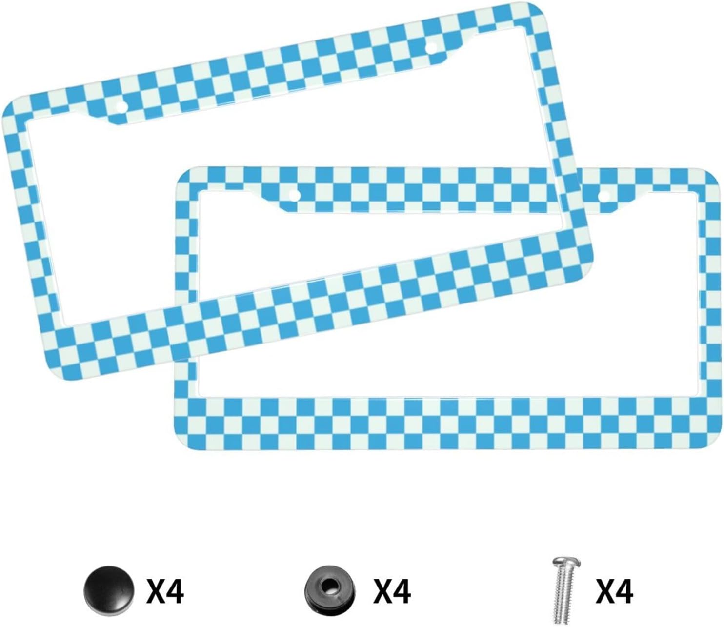 Blue Checkered License Plate Frames 2 Pack 2 Holes Aluminum License Plate Cover with 2 Pcs Car Coasters and Screw and Black Screw Caps for Girl Women Men Gifts image 5