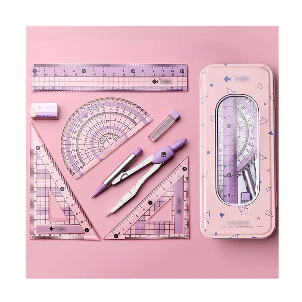 Buntes 7-teiliges Mathematik-Zubehör-Set, Metallbogen-Zirkel, Geometrie-Set, inklusive Lineal, Winkelmesser, Kompass, Radiergummi, perfektes Schülergeschenk, Mathematik-Kompass(Pink)