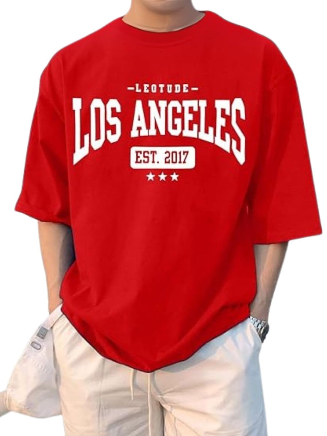 LEOTUDE Half Sleeve Oversized Cottonblend Round Neck Drop Shoulder Printed Men’s T-Shirt (Color Black)