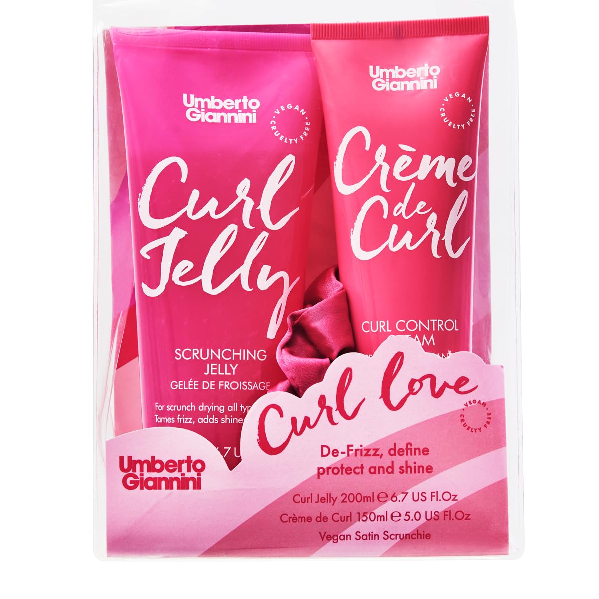 Umberto Giannini Curl Love Gift Set for Defined, Bouncy Waves, Curls and Coils – Curl Jelly (200ml), Crème de Curl (150ml) & Pink XXL Scrunchie