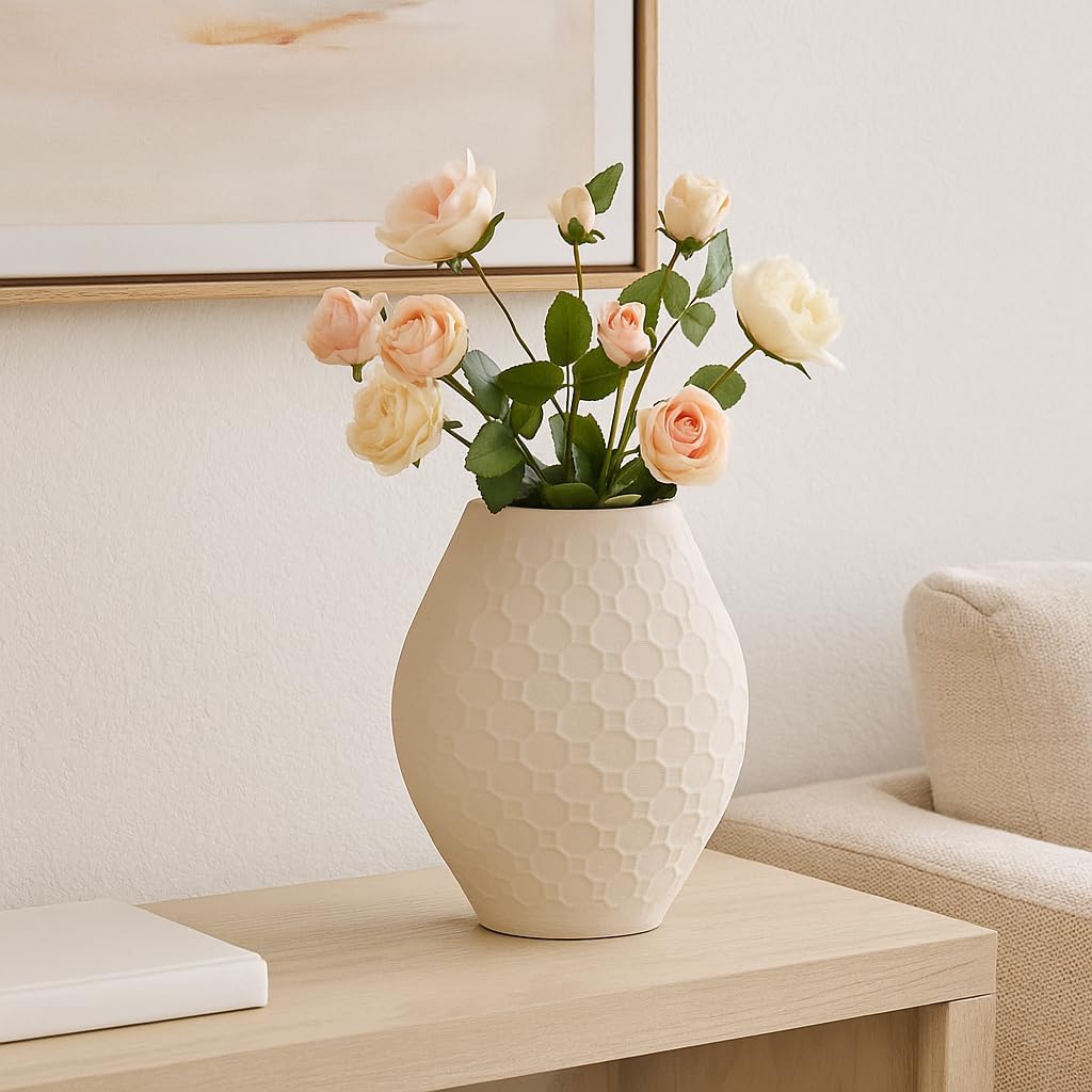 Ceramic Vase for Home Decor – 3D Printed Accent for Living Room, Bedroom, or Table Decor – Elegant Flower Vase Adds Texture to Bookshelve, Office, and House Stylings– 11" Ivory