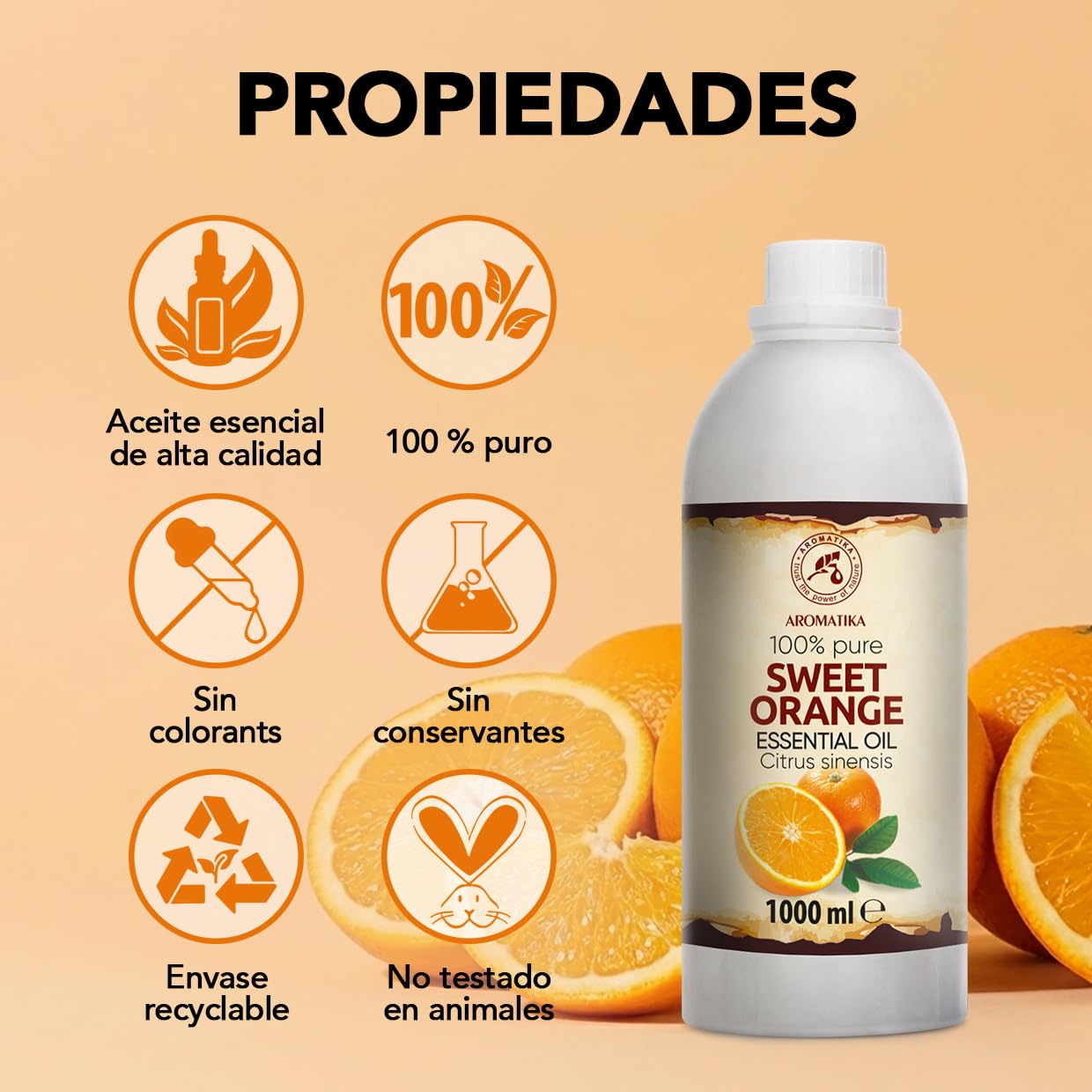 Aceite Esencial de Naranja Dulce 1000 ml - Citrus Sinensis - Natural y Puro - Aceite de Naranja para Difusores - Fragancias para el Hogar - Jabones y Velas - Sauna - Aroma Cítrico - Aromaterapia