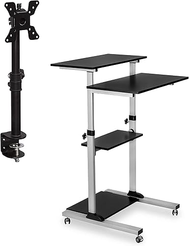 Mount-It! Escritorio móvil de pie, estación de trabajo de computadora de pie ajustable en altura y soporte de monitor VESA único ajustable en