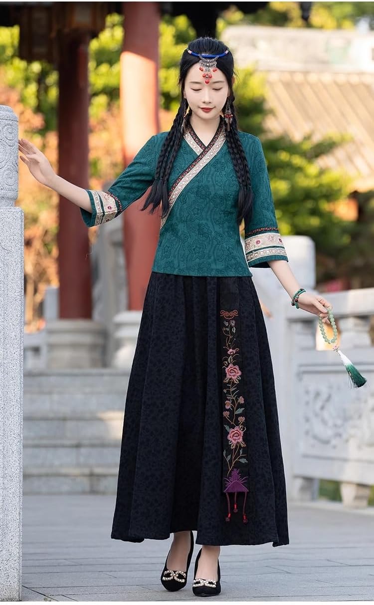 Chinese style Hanfu suit cheongsam top for women retro cotton linen twopiece set