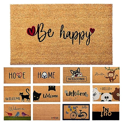 AMARU DOOR MATS Fußmatte Kokosfaser Be Happy - 70x40cm - Willkommens Fussmatte mit Antirutsch PVC &...