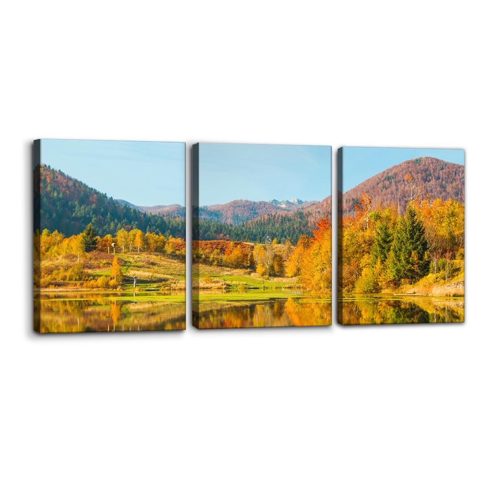 3 Panels Canvas Prints Landscape Wall Art Fall Forest Tree Lake Mountain Nature Wilderness Artwork for Living Room Bedroom Home and Office Wall Decor Stretch and Framed Ready to Hang - 12" x 16" x 3