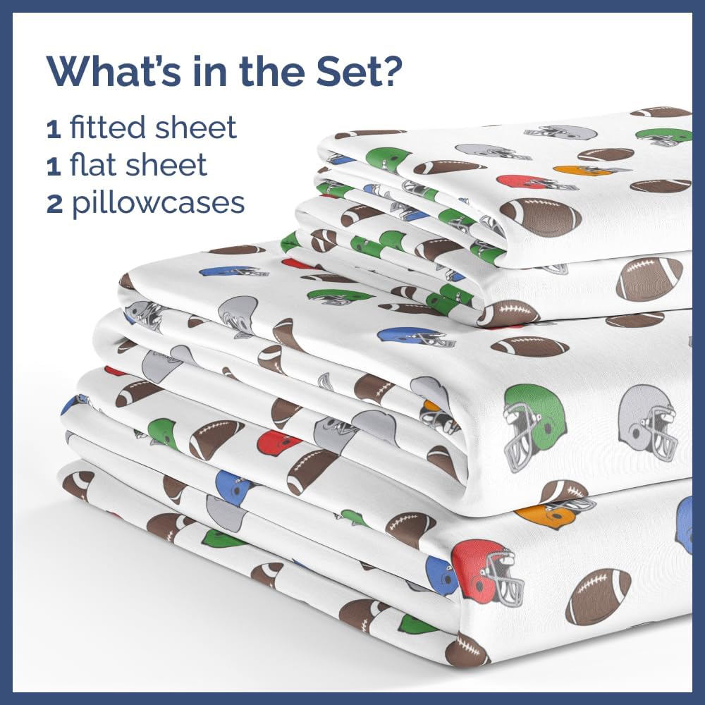 Kids Football 1 Full 4 Piece Sheet Set + 2 Extra Pillowcases Bundle - Boys, Girls, Teens, Toddler - Easy Fit Deep Pockets - Hotel Quality Bedding Sheets - Machine Washable - Cute, Soft & Wrinkle Free
