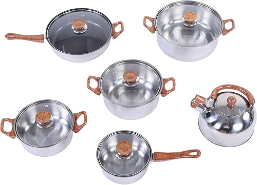 Sorandy Juego de utensilios de cocina de acero inoxidable, 6 ollas y sartenes de inducción con asas de grano de madera, para estufa de gas y placa