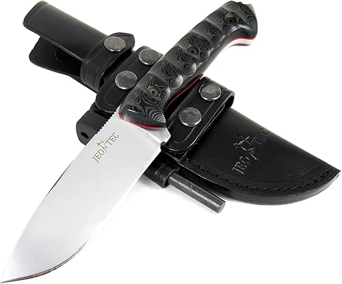 JEO-TEC N31 Full Tang Bushcraft Survival Caza Cuchillo de Campo Táctico - Hoja de 4.5" Acero Inoxidable MOVA 58- Funda de Cuero Genuino - Hecho a