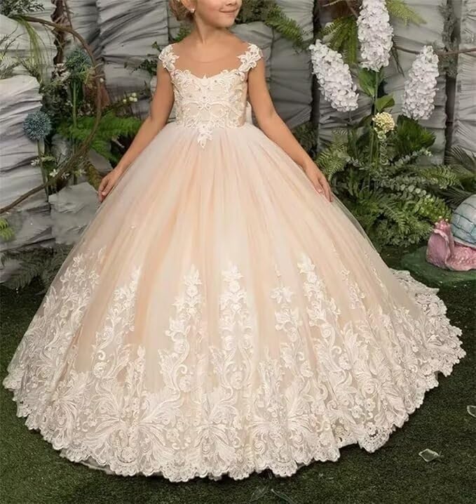 Tulle Flower Girl Dresses for Wedding with Bow Lace Applique First Communion Dress Pageant Dresses for Girls Ball Gown2