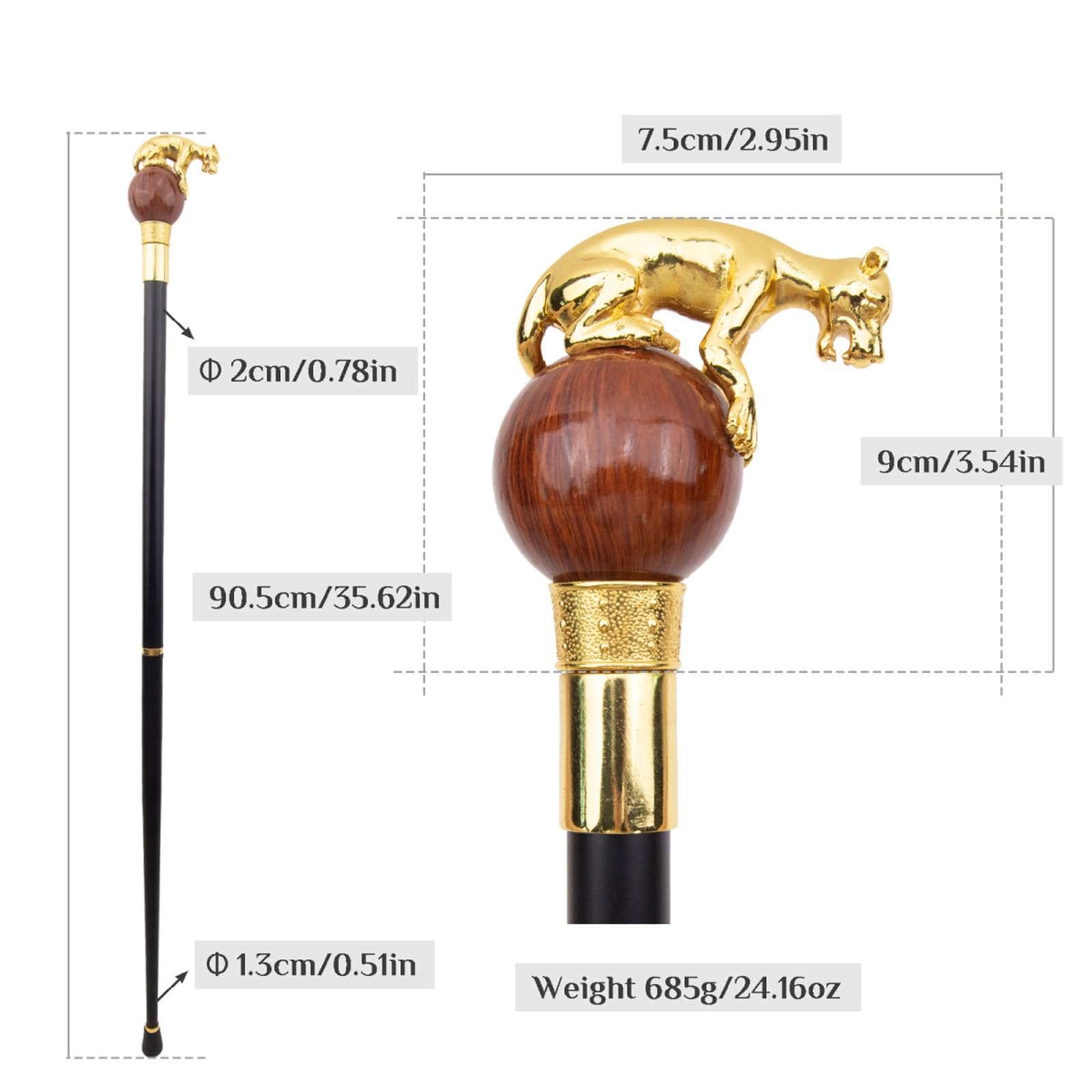Bastón de Mano para Caminar, Diseño de Bastón Hecho a Mano para Hombres y Mujeres, Acero y Madera Natural, Cabeza de León Dorado.(Gold5)