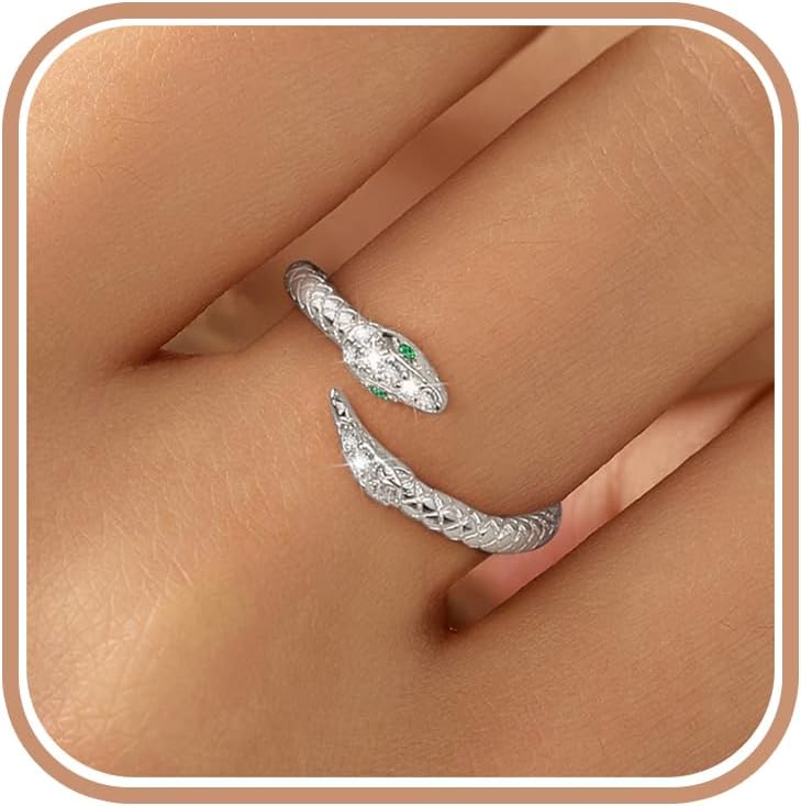 14k Gold Plated Snake Ring for Women Men 925 Sterling Silver Ajustable Open Green CZ Rhinestone Snakes Rings Gothic Retro Animal Ring Fashion Snake Wrap Stacking Statement Band Rings Jewelry Gift for Everyday Wear