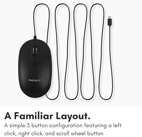 Miniatura 6 de Macally Mouse USB C con cable para Mac y PC, delgado, silencioso y fiable, 3 botones, rueda de desplazamiento y 4 modos DPI tipo C mouse para