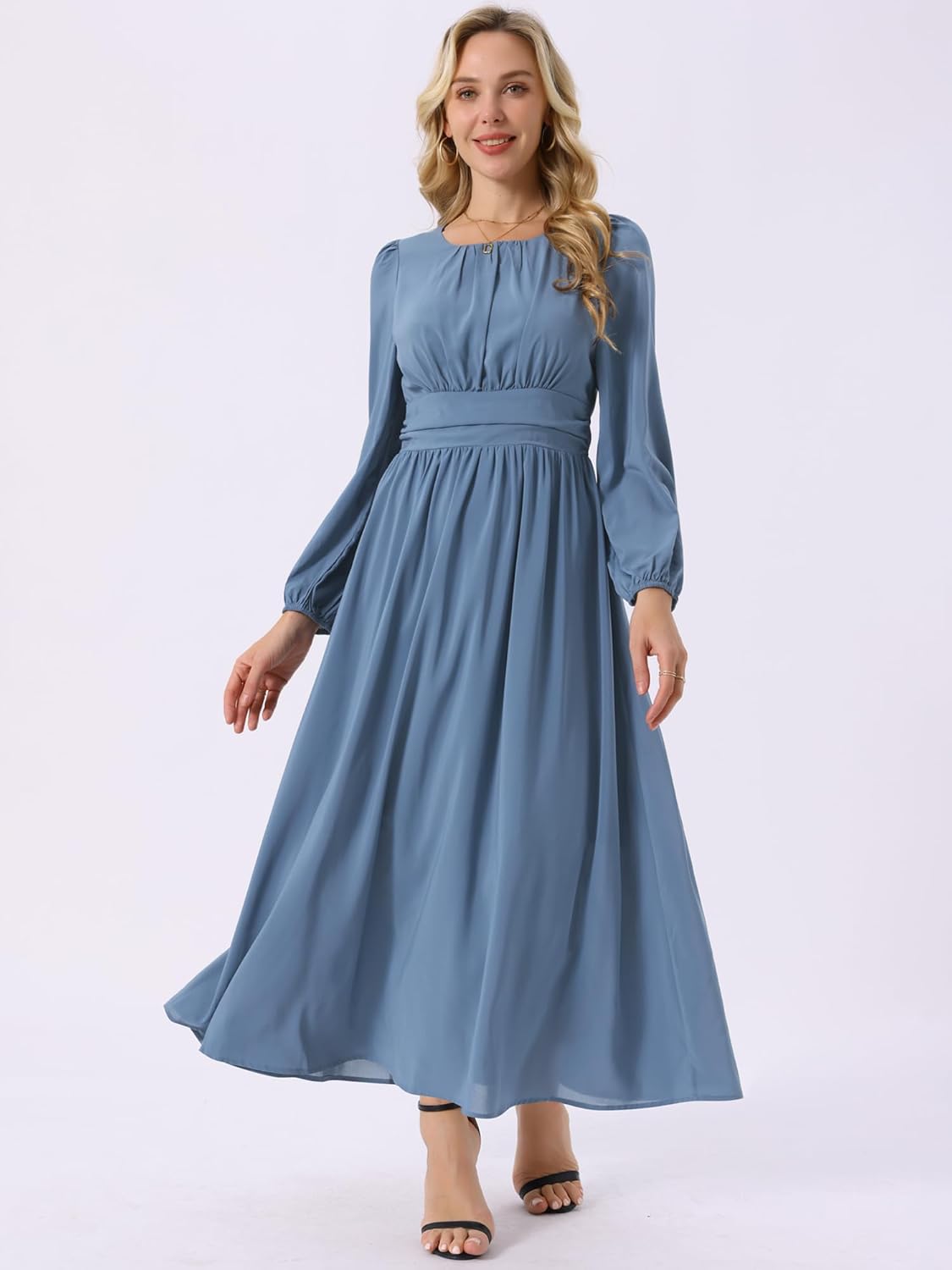 Seta T Women's Cocktail Party Dresses Crewneck Lantern Long Sleeves A-Line Chiffon Maxi Formal Dress - Image 3