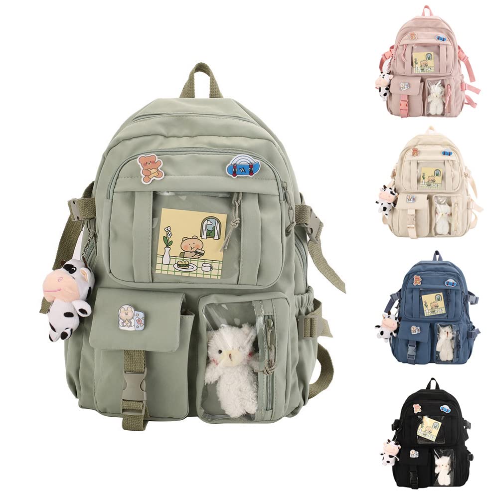 TonecyKawaii Backpack Lovely Pastel Rucksack for Teen Girls, Cute Aesthetic Bookbag for School with Kawaii Pin and Accessories (Green 02)