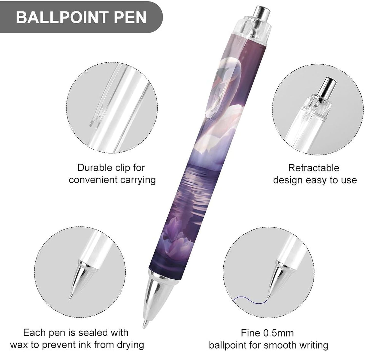 Swan Ball Pen Retractable Ballpoint Pen Ink Black Work Pen Rolling Ball Pens for Office Supplies 4 PCS