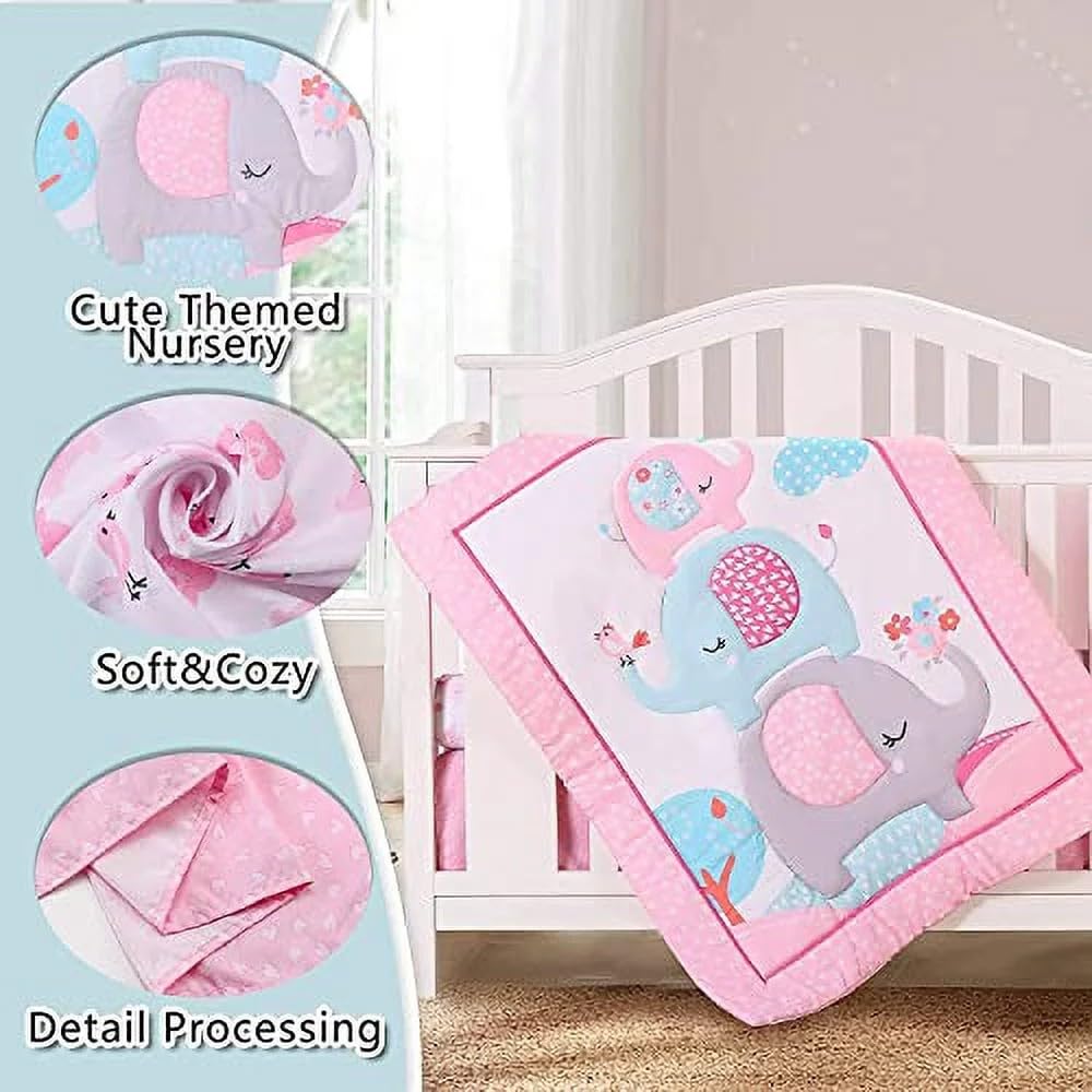 Juego de ropa de cama para cuna de elefante, 4 piezas, incluye colcha, sábana bajera, falda de cuna, bolsa de pañales