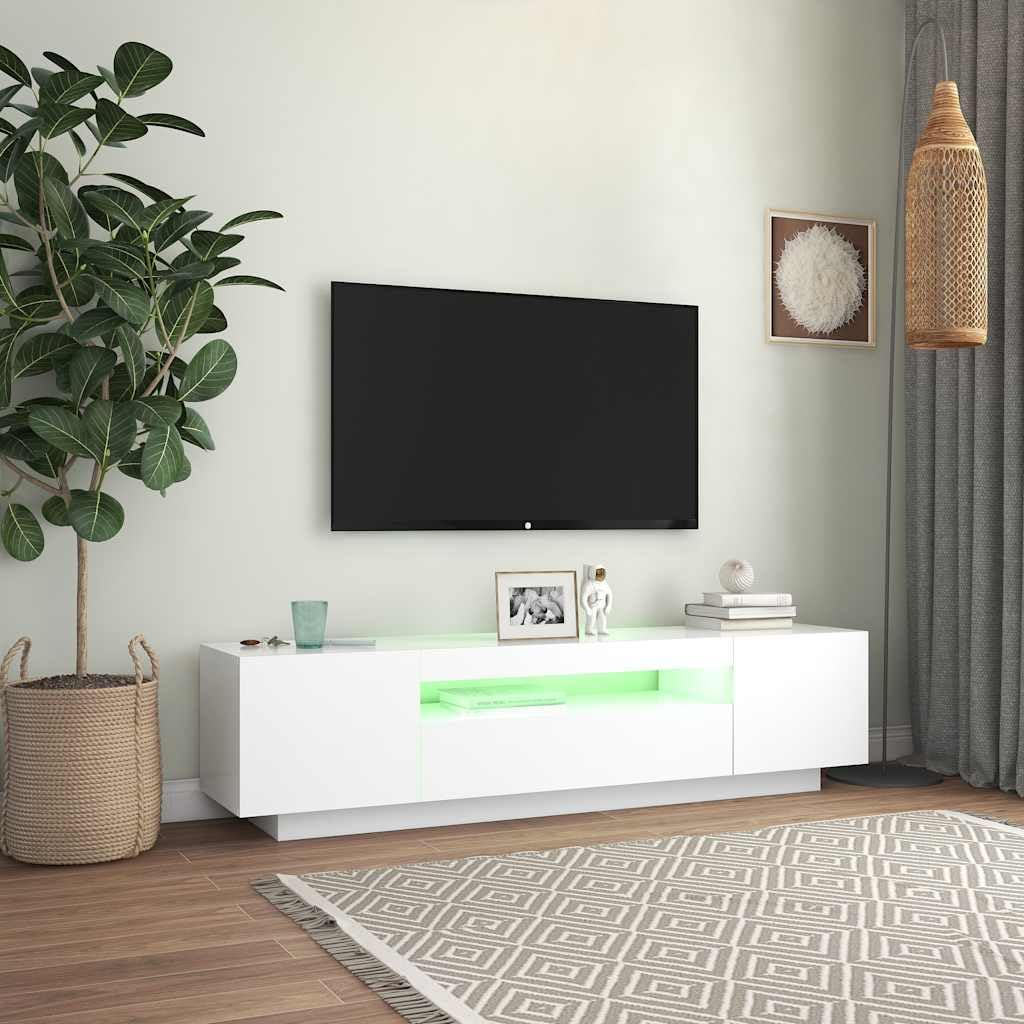 Szafka pod telewizor z oświetleniem LED, biała, 160 x 35 x 40 cm, nowoczesne wzornictwo, półki wiszące, do salonu, kina domowego, centrum mediów