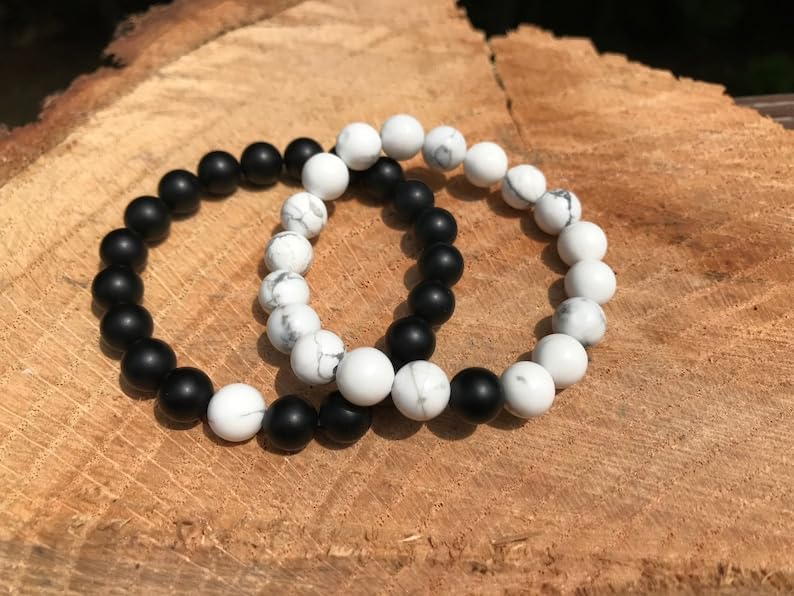 Bracelet pour couples en perles de howlite et onyx noir mat authentiques - 5