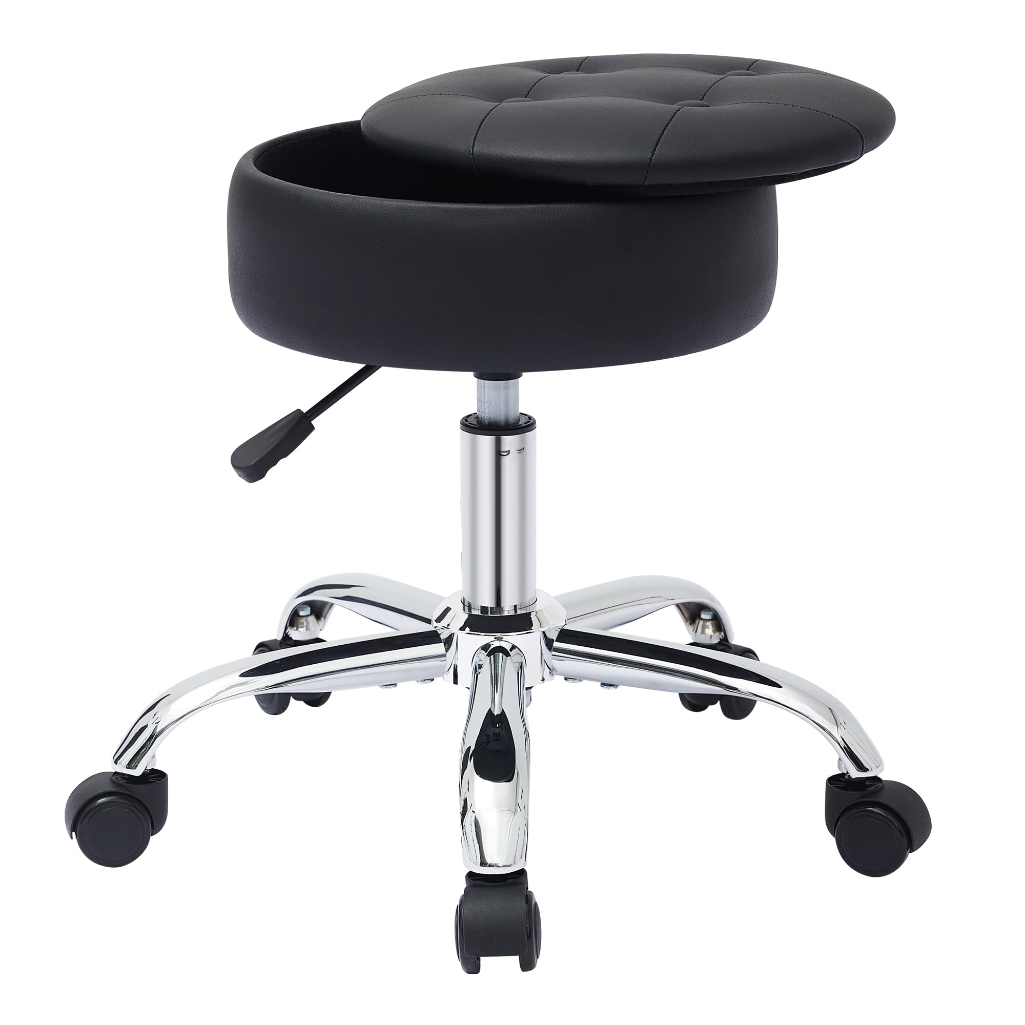 Silla de tocador con ruedas, taburete de tocador ajustable con almacenamiento giratorio para tocador, taburete de maquillaje rodante, silla negra 7
