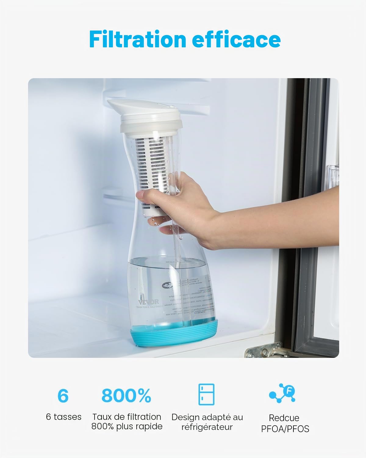 VEVOR Carafe Filtrant en Verre 6 Tasses, Pichet Filtrant Capacité de Filtre 800 L, Distributeur d'Eau Sûr sans BPA, Réduisant le Chlore, la Rouille, les Odeurs, PFOA/PFOS, pour Maison Bureau