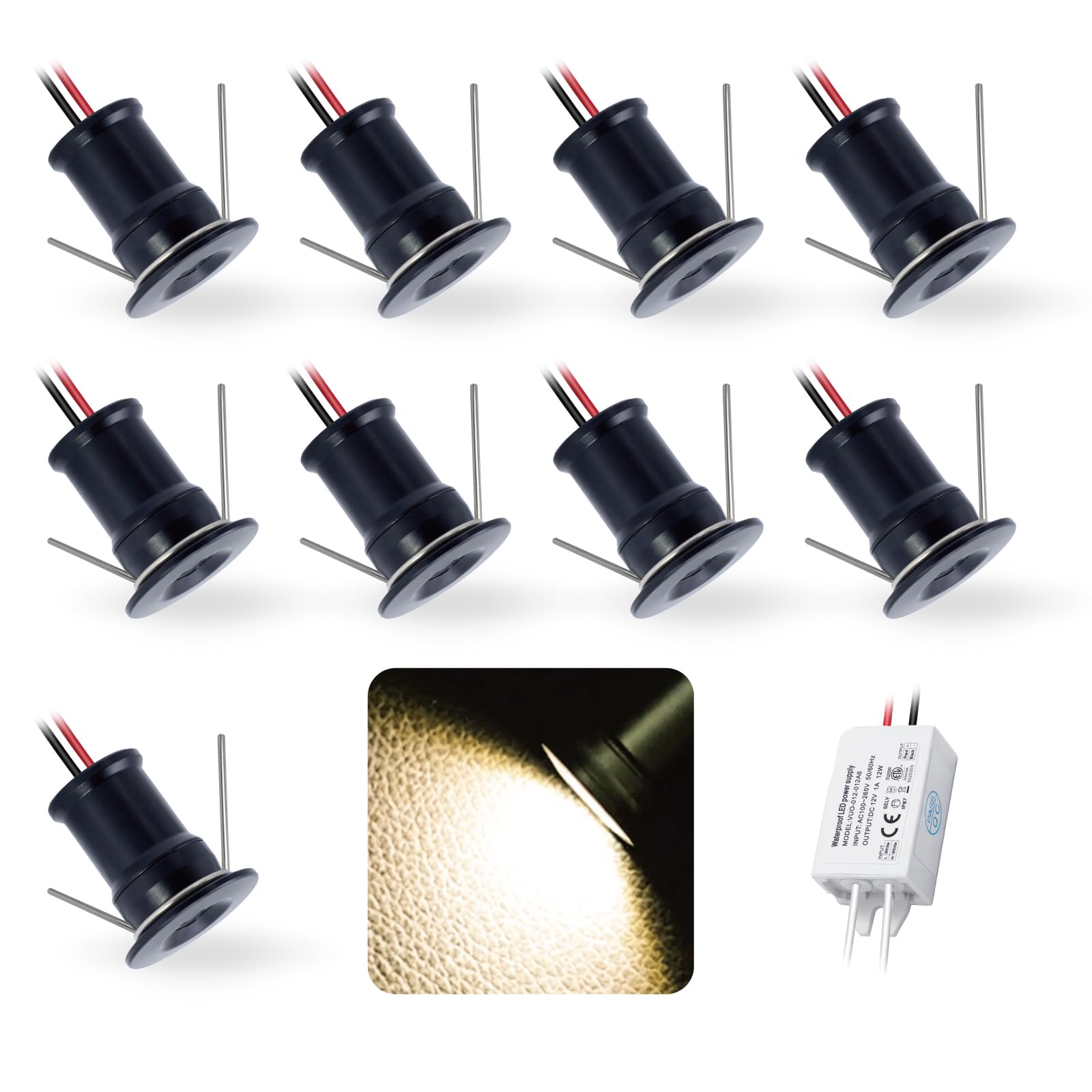 kpslucerna 9pcs 12V 1W Mini LED Downlight, IP65 Water Resistant Small Recessed Spotlight, Ø15mm Round Plinth Spot Light Cabinet Showcases Displays Wall Kitchen Staircase Media Wall(Black Warm 120°)