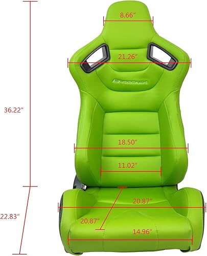 Miniatura 4 de IKON MOTORSPORTS, Asientos universales de carreras con deslizadores dobles, asientos deportivos reclinables de poliuretano verde y cuero de carbono,