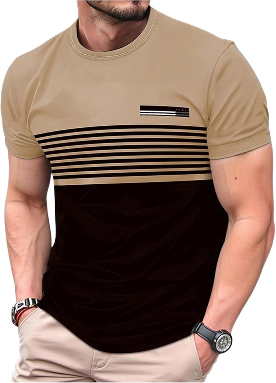 Men's Striped Color Block Tee Tops Crewneck Short Sleeve Summer T Shirts