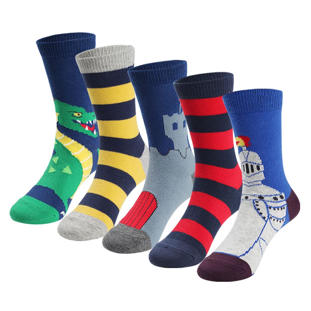 COTTON DAYLittle Kids Youth Boys Fun Novelty Design Crew Dress Socks Shark Lizard Star Stripe Robot